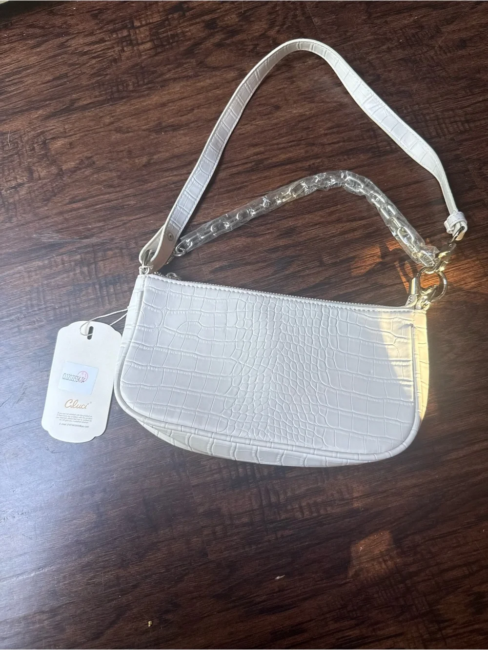 White Croc-Embossed Wristlet Bag